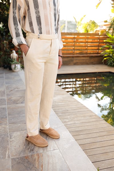 Lyon Çift Düğme Detaylı Keten Pantolon