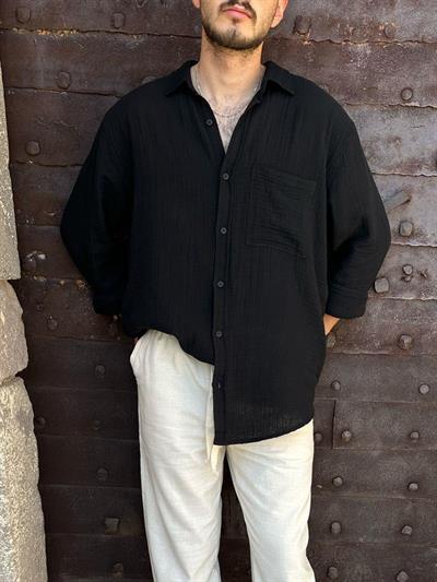 Mikonos Cep Detaylı Basic Müslin Gömlek - Siyah