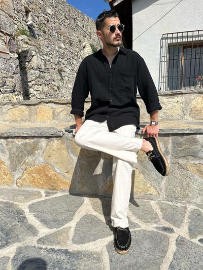 Mikonos Cep Detaylı Basic Müslin Gömlek - Siyah