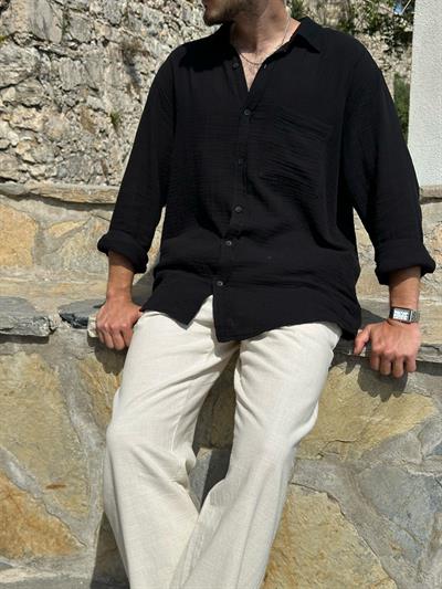 Mikonos Cep Detaylı Basic Müslin Gömlek - Siyah