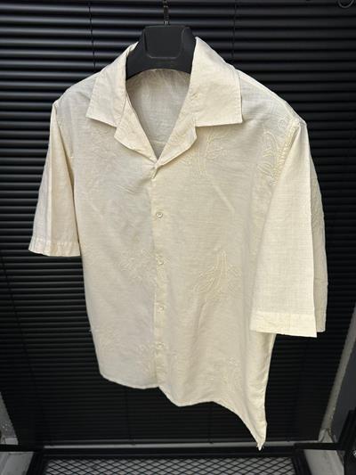 Nakış Çiçek Desenli Kısa Kollu Gömlek - Bej