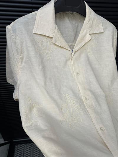 Nakış Çiçek Desenli Kısa Kollu Gömlek - Bej