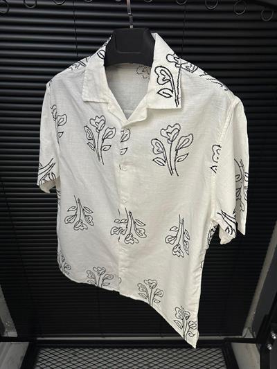 Nakış Çiçek Desenli Kısa Kollu Gömlek - Beyaz