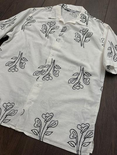 Nakış Çiçek Desenli Kısa Kollu Gömlek - Beyaz