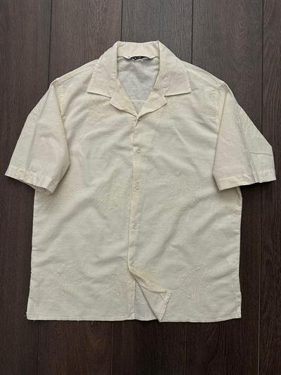 Nakış Çiçek Desenli Kısa Kollu Gömlek - Bej