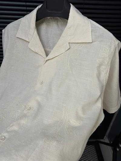 Nakış Çiçek Desenli Kısa Kollu Gömlek - Bej