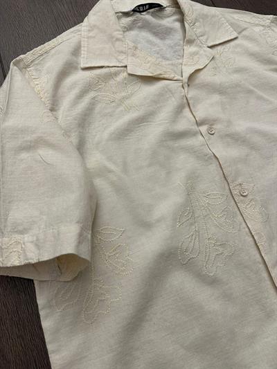 Nakış Çiçek Desenli Kısa Kollu Gömlek - Bej