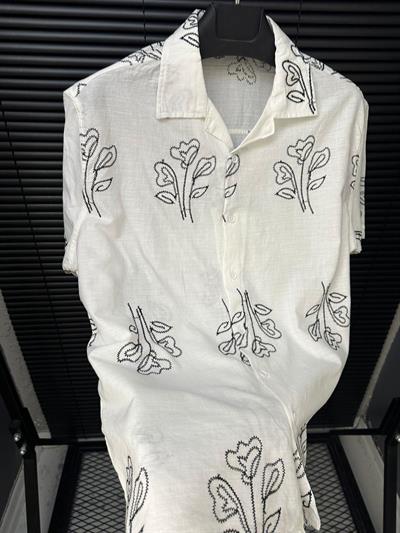 Nakış Çiçek Desenli Kısa Kollu Gömlek - Beyaz