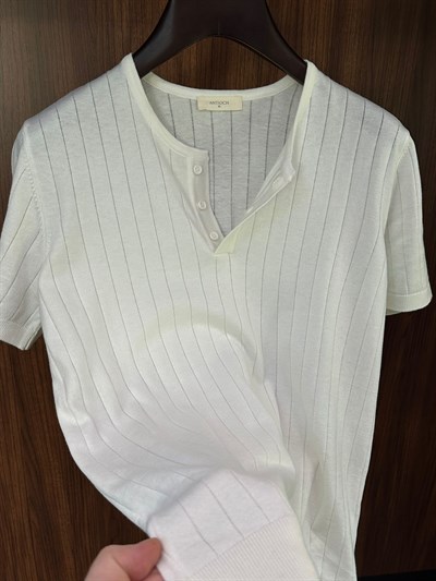 Nakış Çizgili Bisiklet Yaka Triko T-Shirt