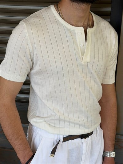 Nakış Çizgili Bisiklet Yaka Triko T-Shirt