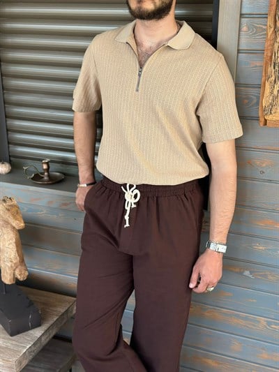 Nakış İşlemeli Fermuarlı Yakalı Triko T-Shirt