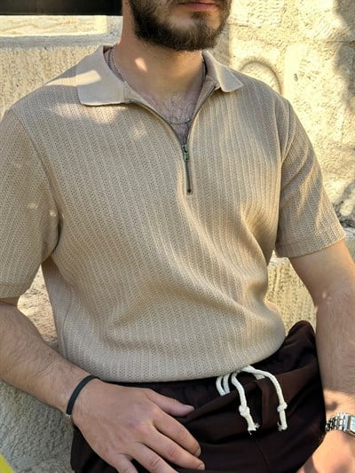 Nakış İşlemeli Fermuarlı Yakalı Triko T-Shirt