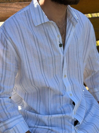 Nakış Logolu Çizgili Yakalı Keten Gömlek