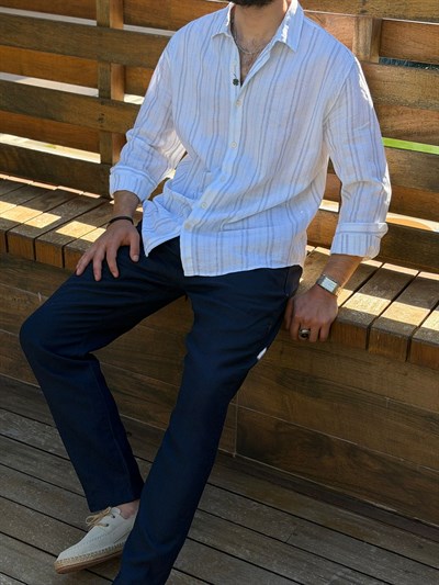 Nakış Logolu Çizgili Yakalı Keten Gömlek