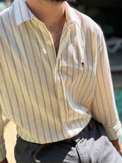 Nakış Logolu Çizgili Yakalı Keten Gömlek