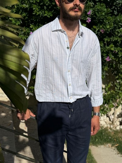 Nakış Logolu Çizgili Yakalı Keten Gömlek