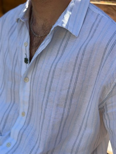 Nakış Logolu Çizgili Yakalı Keten Gömlek