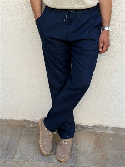 Saf Keten Beli Lastikli İpli Pantolon