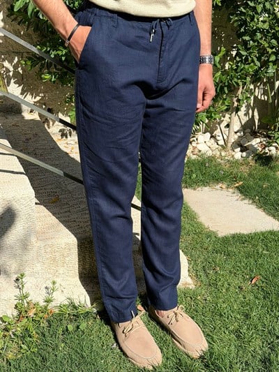 Saf Keten Beli Lastikli İpli Pantolon