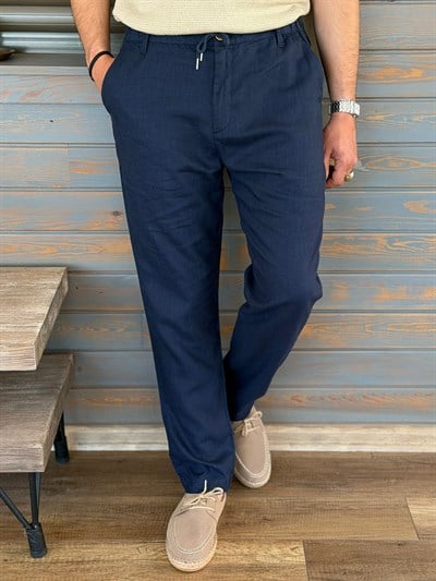 Saf Keten Beli Lastikli İpli Pantolon