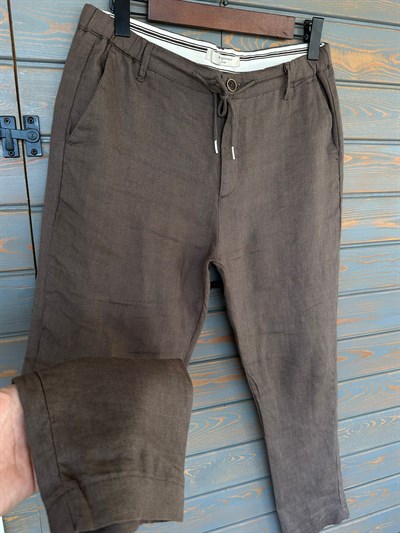 Saf Keten Beli Lastikli İpli Pantolon