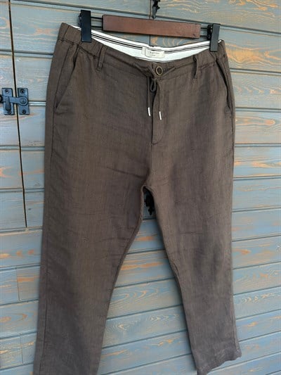 Saf Keten Beli Lastikli İpli Pantolon