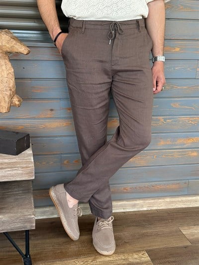 Saf Keten Beli Lastikli İpli Pantolon