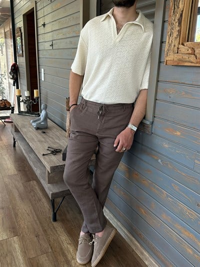 Saf Keten Beli Lastikli İpli Pantolon