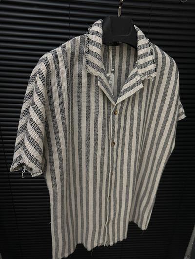 Tigan Çizgili Kısa Kollu Keten Gömlek - Siyah