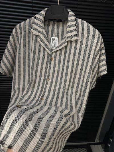 Tigan Çizgili Kısa Kollu Keten Gömlek - Siyah