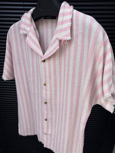 Tigan Çizgili Kısa Kollu Keten Gömlek - Pembe