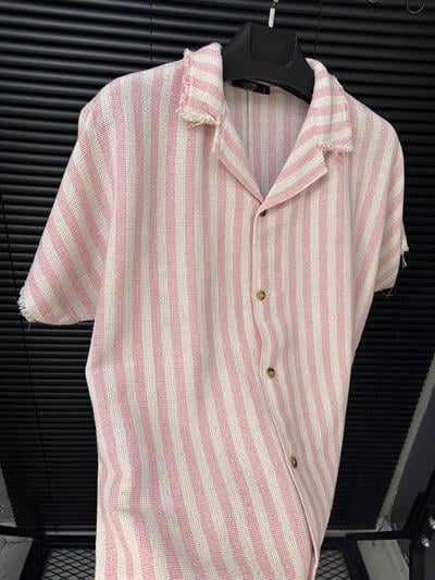 Tigan Çizgili Kısa Kollu Keten Gömlek - Pembe