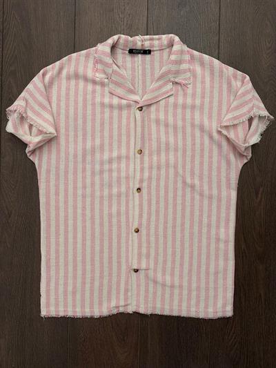 Tigan Çizgili Kısa Kollu Keten Gömlek - Pembe