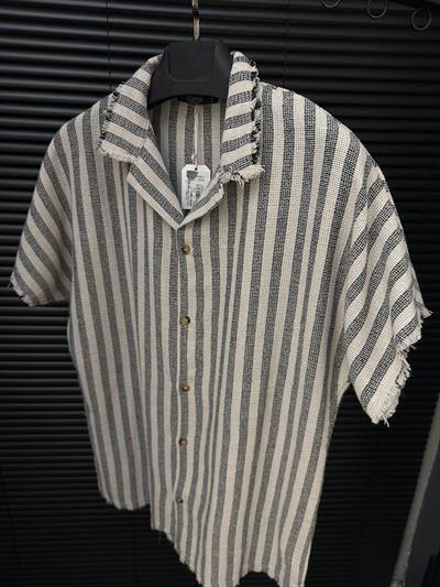 Tigan Çizgili Kısa Kollu Keten Gömlek - Siyah