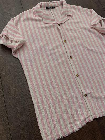 Tigan Çizgili Kısa Kollu Keten Gömlek - Pembe