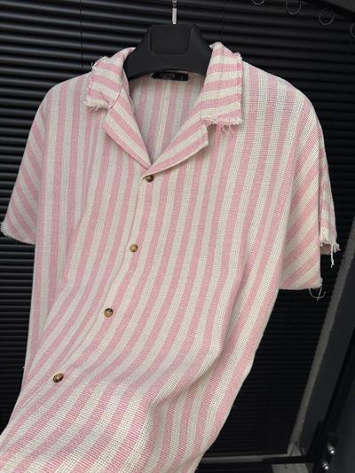 Tigan Çizgili Kısa Kollu Keten Gömlek - Pembe