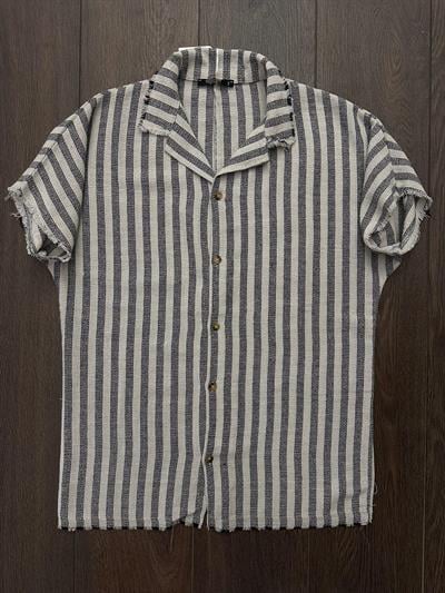 Tigan Çizgili Kısa Kollu Keten Gömlek - Siyah