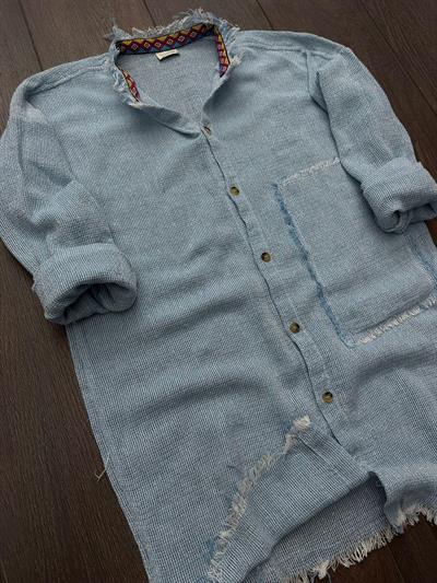 Yaka İçi Desenli Cep Detaylı Keten Gömlek - Buz Mavisi