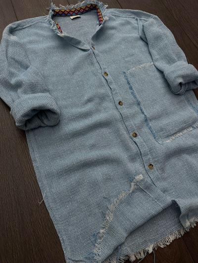 Yaka İçi Desenli Cep Detaylı Keten Gömlek - Buz Mavisi