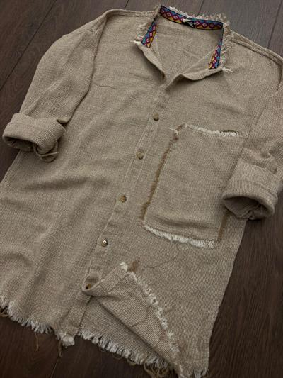 Yaka İçi Desenli Cep Detaylı Keten Gömlek - Kahverengi