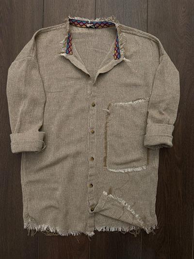 Yaka İçi Desenli Cep Detaylı Keten Gömlek - Kahverengi