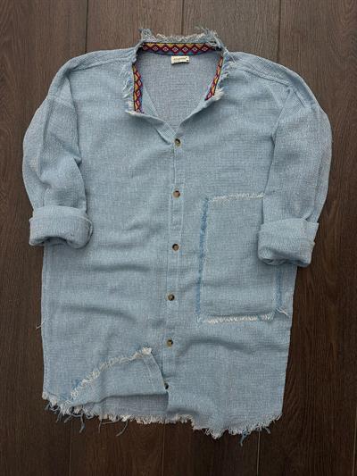 Yaka İçi Desenli Cep Detaylı Keten Gömlek - Buz Mavisi