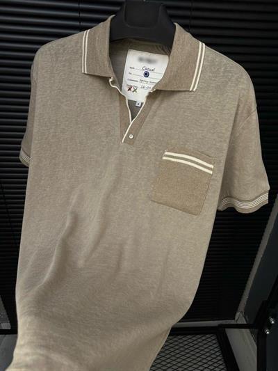 Yaka Ve Cep Çizgili Triko Yakalı T-Shirt - Sütlü Kahve