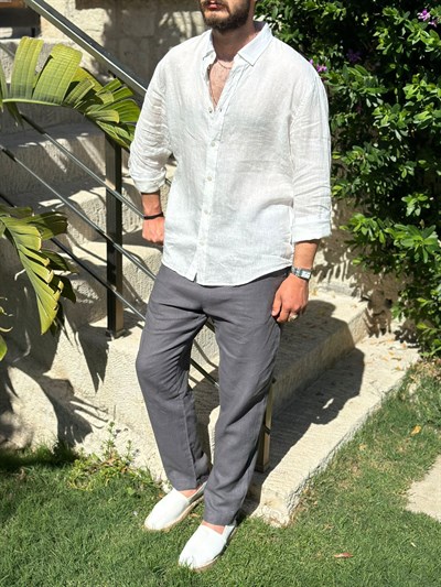 Yakalı Relax Fit Basic %100 Saf Keten Gömlek