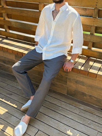 Yakalı Relax Fit Basic %100 Saf Keten Gömlek