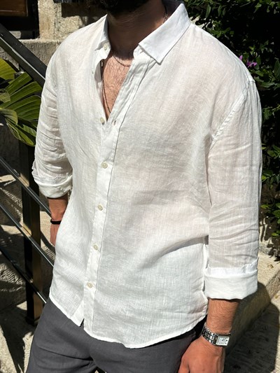 Yakalı Relax Fit Basic %100 Saf Keten Gömlek