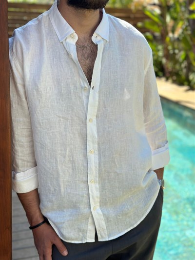 Yakalı Relax Fit Basic %100 Saf Keten Gömlek