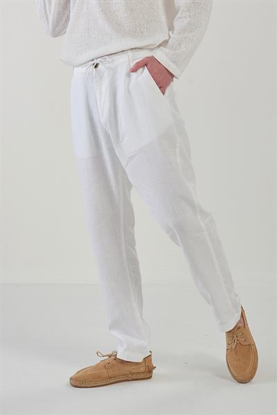 Saf Keten Beli Lastikli İpli Pantolon