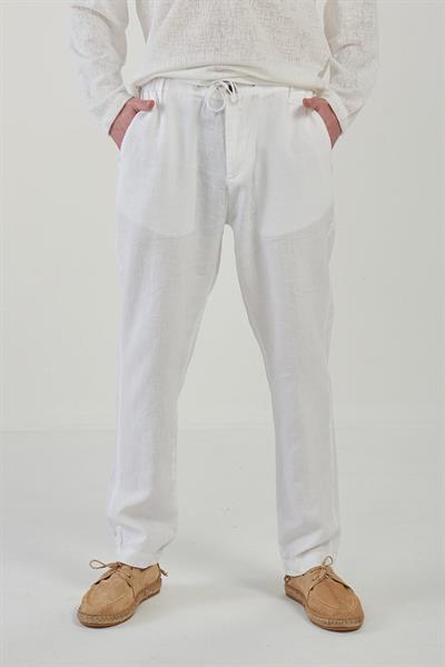 Saf Keten Beli Lastikli İpli Pantolon