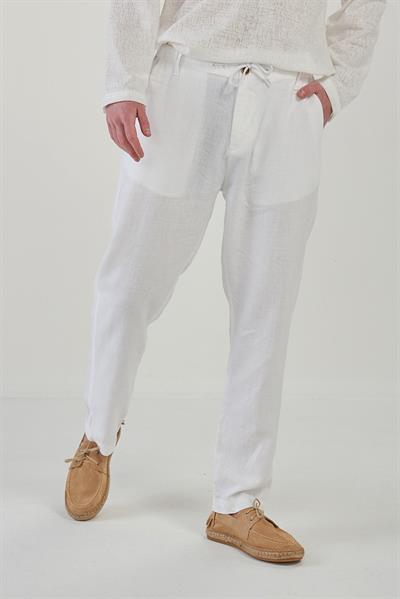 Saf Keten Beli Lastikli İpli Pantolon